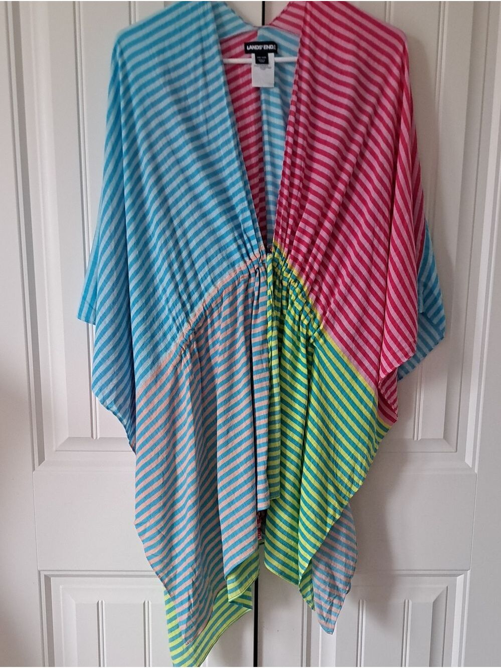 Lands' End colorful Striped beach bathing suit Cover-Up cotton blend tie OS
